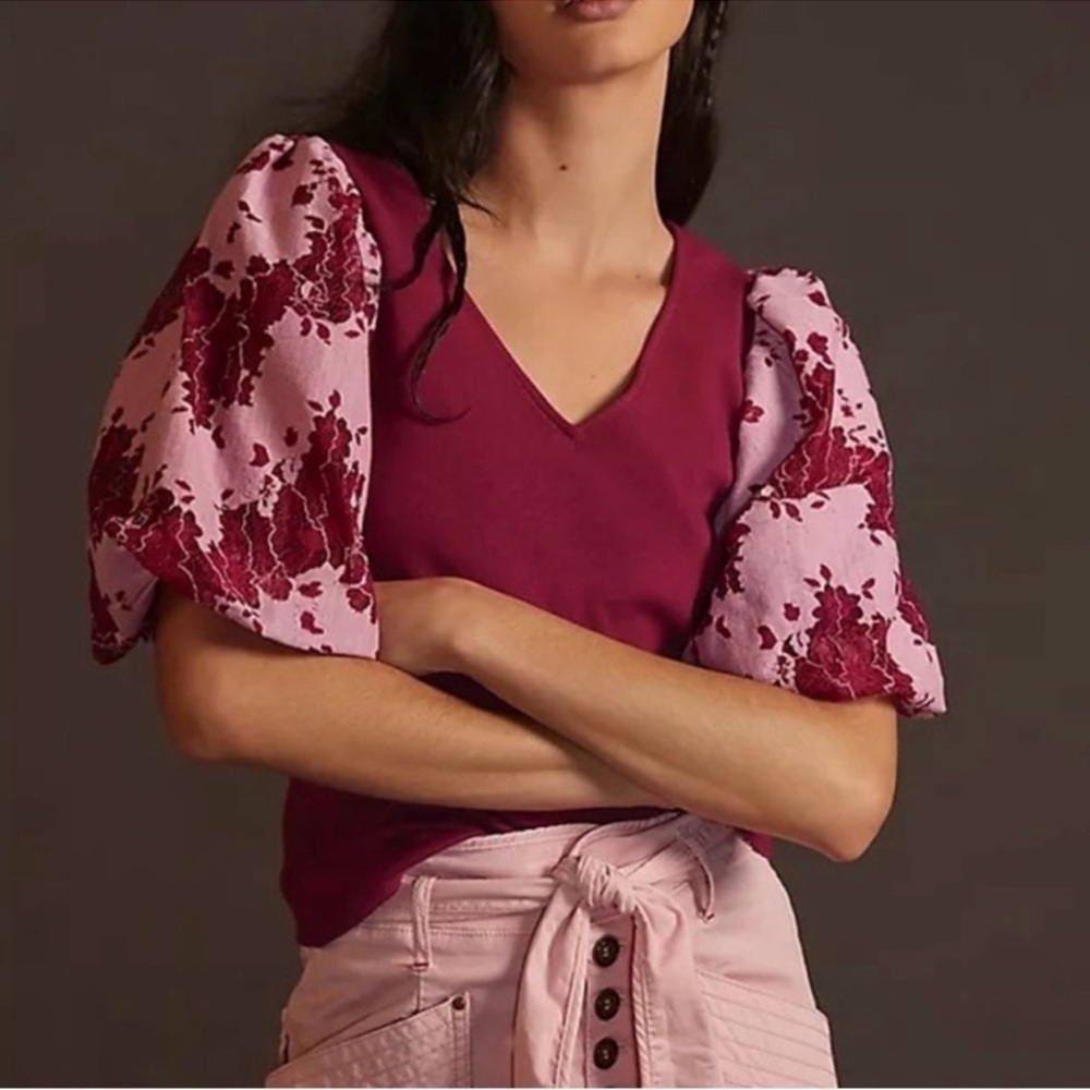 Dolan Plum Floral Lace Puff Sleeve Ribbed Top
